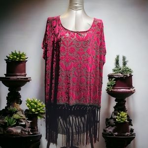 EASEL |  Fuchsia &Black Sheer Fringed Blouse | size M